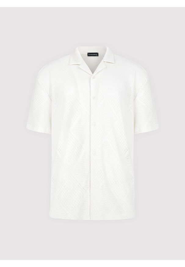Pako Lorente - PAKO LORENTE - Ażurowa koszula męska z krótkim rękawem biała. Okazja: na co dzień. Kolor: biały. Materiał: bawełna, poliester. Długość rękawa: krótki rękaw. Długość: krótkie. Wzór: ażurowy. Sezon: wiosna. Styl: casual