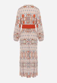 Born2be - Jasnobeżowa Sukienka Rozkloszowana z Paskiem Nazene. Kolor: beżowy. Materiał: materiał, tkanina. Wzór: kwiaty. Typ sukienki: rozkloszowane, kopertowe. Styl: boho, retro. Długość: maxi #6