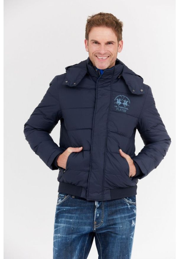 La Martina - LA MARTINA Granatowa męska kurtka puchowa z odpinanym kapturem, Rozmiar XXL. Kolor: niebieski. Materiał: puch