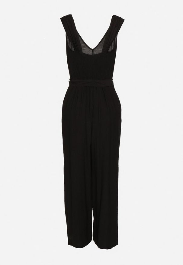 Born2be - Czarny Wiskozowy Kombinezon na Ramiączkach z Materiałowym Paskiem i Gumkami w Talii Zadia. Kolor: czarny. Materiał: wiskoza, materiał. Długość rękawa: na ramiączkach