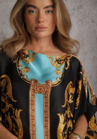 Renee - Niebieskie Ponczo z Satyny z Jedwabiem Wiskozą i Geometrycznym Printem Doreleia. Okazja: na co dzień. Kolor: niebieski. Materiał: jedwab, wiskoza, satyna. Wzór: nadruk, geometria. Styl: elegancki, casual #5