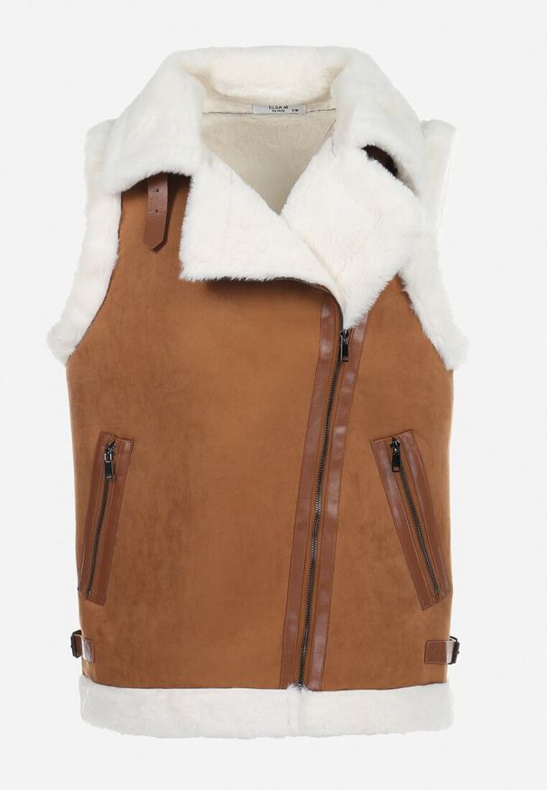 Born2be - Brązowa Kamizelka Bezrękawnik w Stylu Biker z Ekozamszu z Futerkiem Terone. Kolor: brązowy. Materiał: futro. Długość rękawa: bez rękawów. Wzór: aplikacja