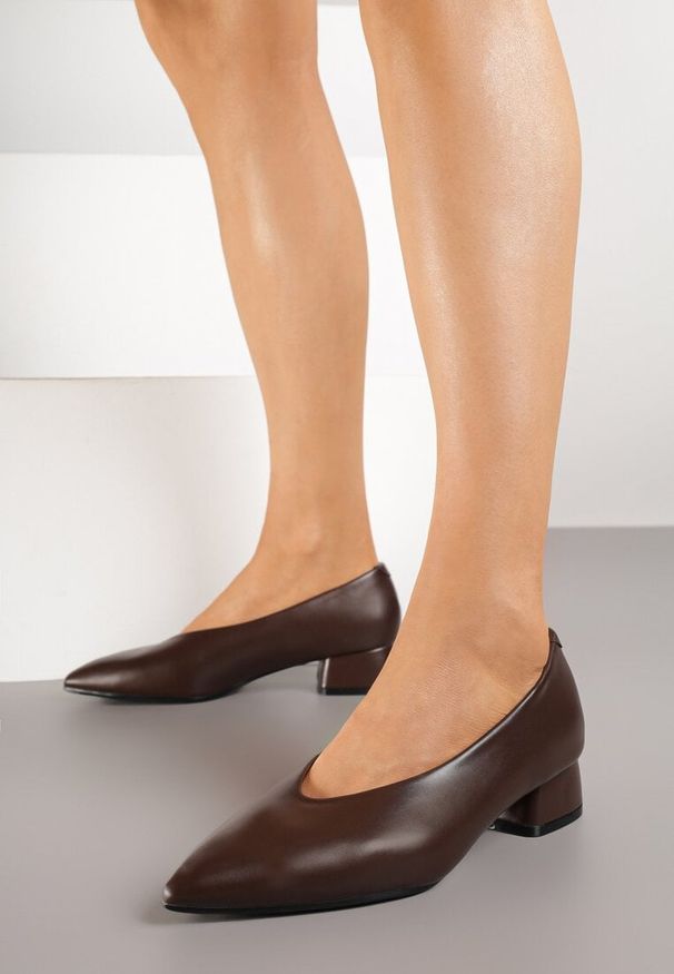 Renee - Brązowe Czółenka na Słupku Vices ze Skórzaną Wkładką Alinire. Kolor: brązowy. Materiał: skóra. Obcas: na słupku. Styl: elegancki