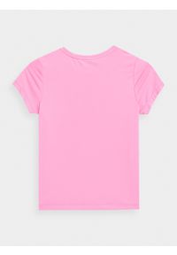 4f - Koszulka sportowa szybkoschnąca dziewczęca. Kolor: różowy. Materiał: włókno, skóra. Wzór: nadruk. Styl: sportowy