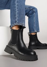 Born2be - Czarne Botki w Stylu Sztybletów na Grubej Tłoczonej Podeszwie Latonisse. Okazja: na co dzień. Kolor: czarny. Materiał: jeans. Styl: casual