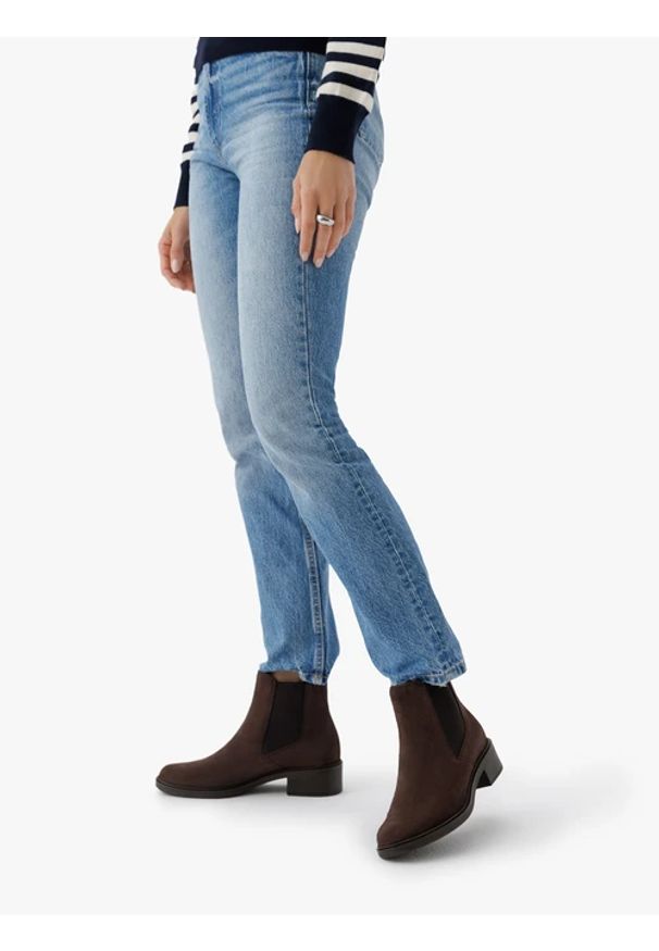 Ryłko - Brązowe ocieplane sztyblety. Okazja: na co dzień. Zapięcie: bez zapięcia. Kolor: brązowy. Wysokość cholewki: za kostkę. Materiał: skóra, welur. Sezon: zima, jesień. Obcas: na obcasie. Styl: klasyczny, casual, elegancki, street. Wysokość obcasa: średni