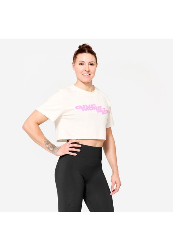 DOMYOS - Koszulka fitness damska Domyos crop top. Kolor: biały. Materiał: materiał, elastan, bawełna. Sport: fitness