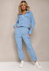 Renee - Niebieski Komplet Dresowy Utility Krótka Bluza z Kołnierzem i Spodnie Joggery z Kieszeniami Cargo Literria. Kolor: niebieski. Materiał: dresówka #4
