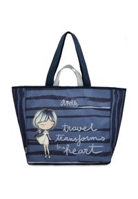 Granatowa Torba Na Plaże Damska Anekke Premium. Kolor: niebieski. Wzór: napisy. Styl: casual. Rodzaj torebki: na ramię