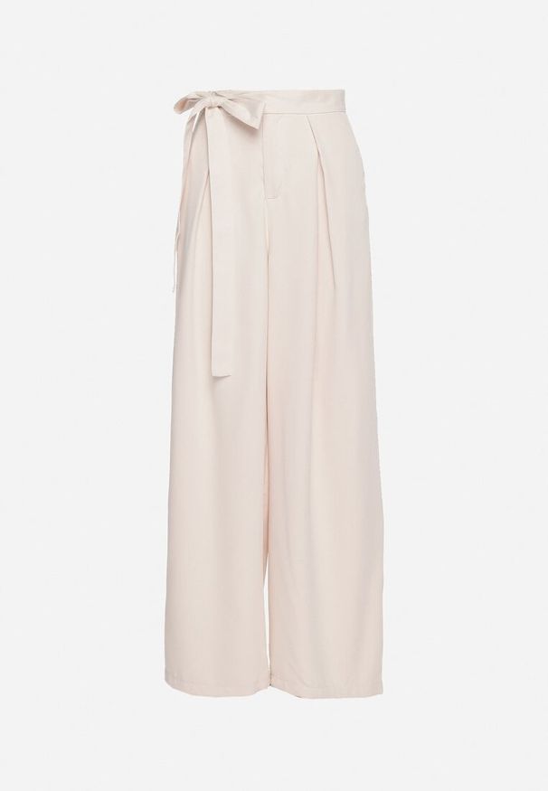 Born2be - Beżowe Szerokie Spodnie Garniturowe z Paskiem w Talii i Wysokim Stanem Quenelsea. Okazja: na co dzień. Stan: podwyższony. Kolor: beżowy. Materiał: materiał. Styl: casual