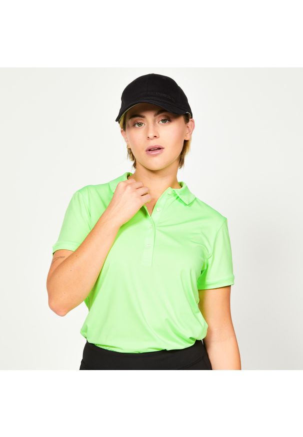 INESIS - Koszulka polo do golfa damska z krótkim rękawem Inesis WW500. Typ kołnierza: polo, golf. Kolor: zielony. Materiał: materiał, poliester, elastan. Długość rękawa: krótki rękaw. Długość: krótkie