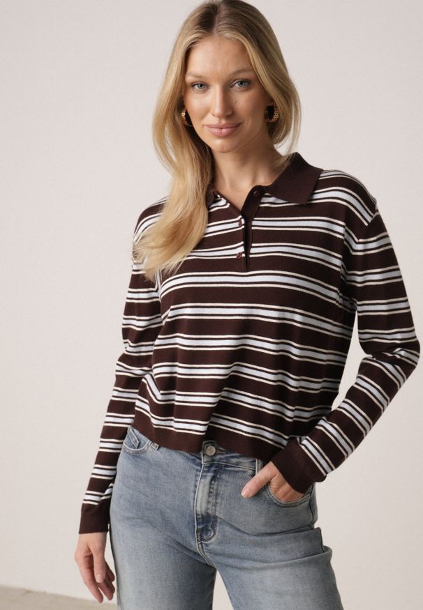 Born2be - Brązowy Sweter w Paski z Kołnierzykiem z Wiskozą Minkalia. Okazja: na co dzień. Kolor: brązowy. Materiał: wiskoza. Wzór: paski. Styl: casual, klasyczny