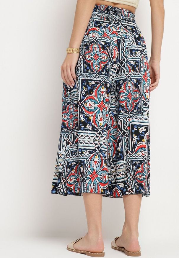 Born2be - Granatowe Bawełniane Spodnie Culotte z Wysokim Stanem i Gumką w Talii w Boho Stylu Olovia. Stan: podwyższony. Kolor: niebieski. Materiał: bawełna. Styl: boho