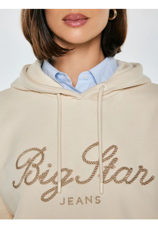 Big-Star - Bluza damska z kapturem kremowa Raisa 103. Okazja: na spacer, na co dzień. Typ kołnierza: kaptur. Kolor: kremowy. Materiał: dzianina, jeans, dresówka. Wzór: gładki, haft. Styl: casual, sportowy