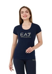 EA7 Emporio Armani - EA7 Granatowy damski t-shirt ze srebrnym logo, Rozmiar M. Kolor: niebieski #4