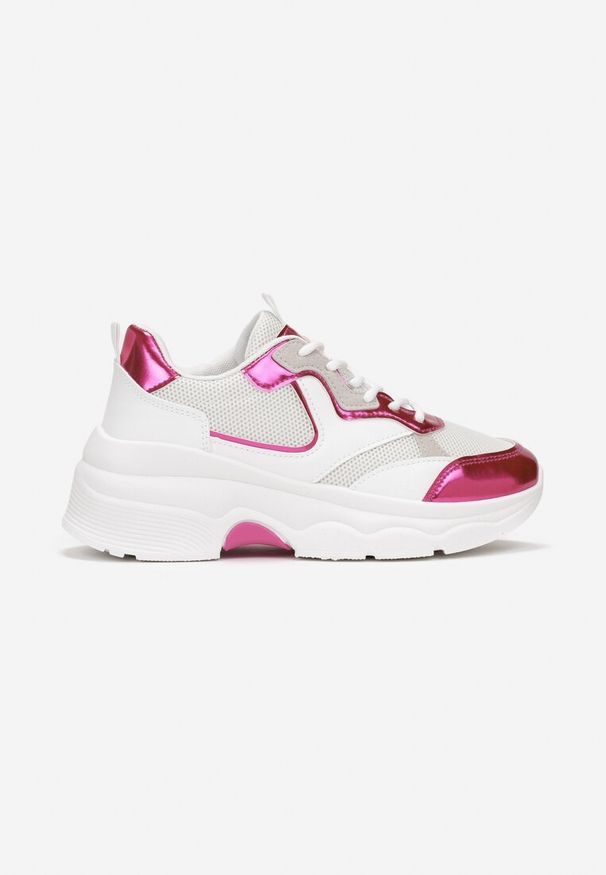 Born2be - Biało-Fuksjowe Sneakersy na Grubej Podeszwie z Lakierowanymi Wstawkami Fryda. Kolor: biały. Materiał: lakier