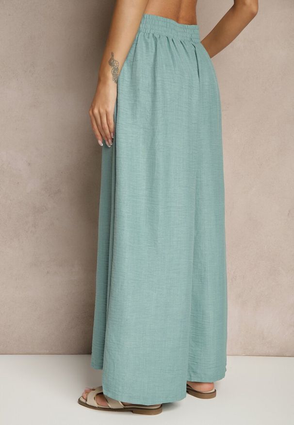 Renee - Miętowe Szerokie Spodnie High Waist Ozdobione Wiązaniem Telonia. Okazja: na co dzień. Stan: podwyższony. Kolor: zielony. Wzór: aplikacja. Styl: casual, elegancki