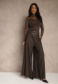 Renee - Brązowe Szerokie Garniturowe Spodnie z Bawełny High Waist Ozdobione Paskiem Tusneva. Okazja: na co dzień. Stan: podwyższony. Kolor: brązowy. Materiał: bawełna. Wzór: aplikacja. Styl: wizytowy, casual, elegancki #1