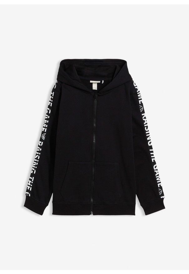 bonprix - Bluza rozpinana z kapturem z bawełny organicznej. Typ kołnierza: kaptur. Kolor: czarny. Materiał: bawełna. Wzór: napisy