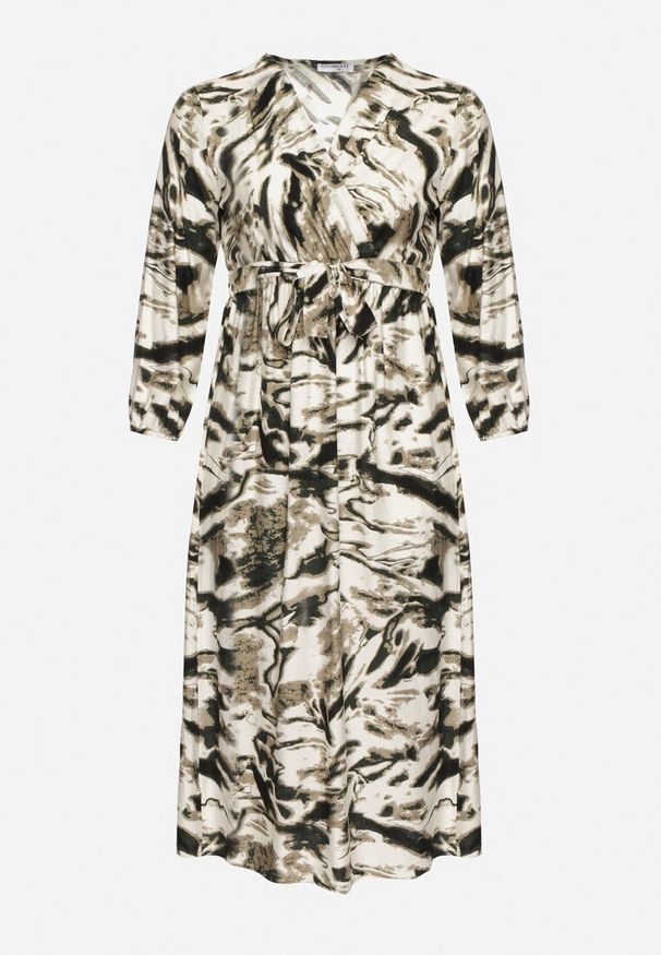 Born2be - Zielona Rozkloszowana Sukienka Kopertowa z Wiskozą w Abstrakcyjny Wzór Dleffia. Okazja: na co dzień. Typ kołnierza: dekolt w serek. Kolekcja: plus size. Kolor: zielony. Materiał: wiskoza. Typ sukienki: kopertowe. Styl: elegancki, casual