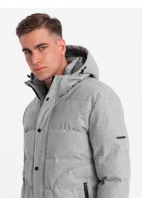 Ombre Clothing - Męska casualowa kurtka puffer z wełną – jasnoszary melanż V3 OM-JAHP-0203 - XXL. Okazja: na co dzień. Typ kołnierza: kołnierzyk stójkowy. Kolor: szary. Materiał: wełna. Długość: długie. Wzór: melanż. Styl: casual #7