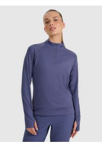 4f - 4F Bluza do biegania regular szybkoschnąca damska - granatowa XL. Typ kołnierza: kołnierzyk stójkowy. Kolor: niebieski. Materiał: syntetyk, materiał. Długość rękawa: raglanowy rękaw. Styl: sportowy #1