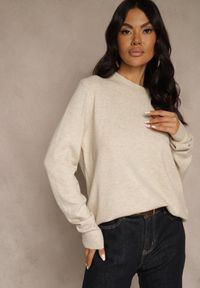 Renee - Beżowy Klasyczny Sweter z Wełną i Bawełną Bez Zdobień Neandia. Kolor: beżowy. Materiał: wełna, bawełna. Wzór: aplikacja. Styl: klasyczny #1