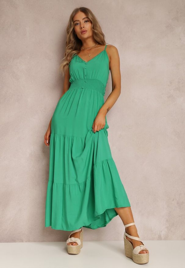 Renee - Zielona Sukienka Egithoe. Kolor: zielony. Długość rękawa: na ramiączkach. Wzór: ażurowy, jednolity, aplikacja. Długość: midi