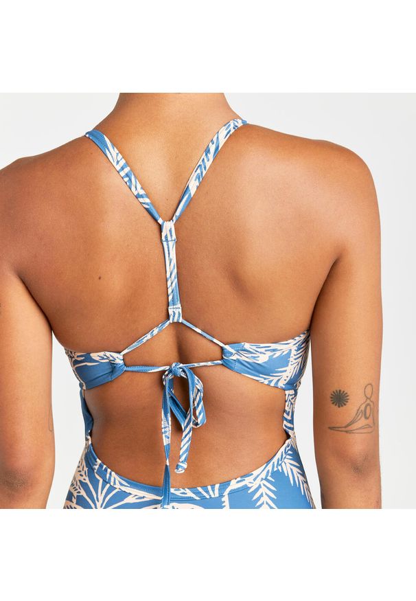 OLAIAN - Kostium kąpielowy jednoczęściowy surfingowy damski Olaian Bea Palmer. Kolor: niebieski. Materiał: materiał, poliester, elastan