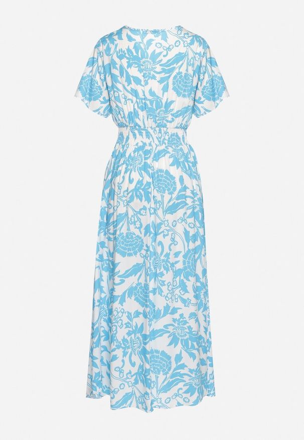 Born2be - Jasnoniebieska Rozkloszowana Sukienka z Kopertowym Dekoltem i Elastyczną Gumką w Talii w Kwiaty Aglefia. Okazja: na co dzień, na imprezę. Typ kołnierza: dekolt kopertowy. Kolor: niebieski. Materiał: materiał. Długość rękawa: krótki rękaw. Wzór: kwiaty. Typ sukienki: kopertowe. Styl: casual, elegancki, klasyczny