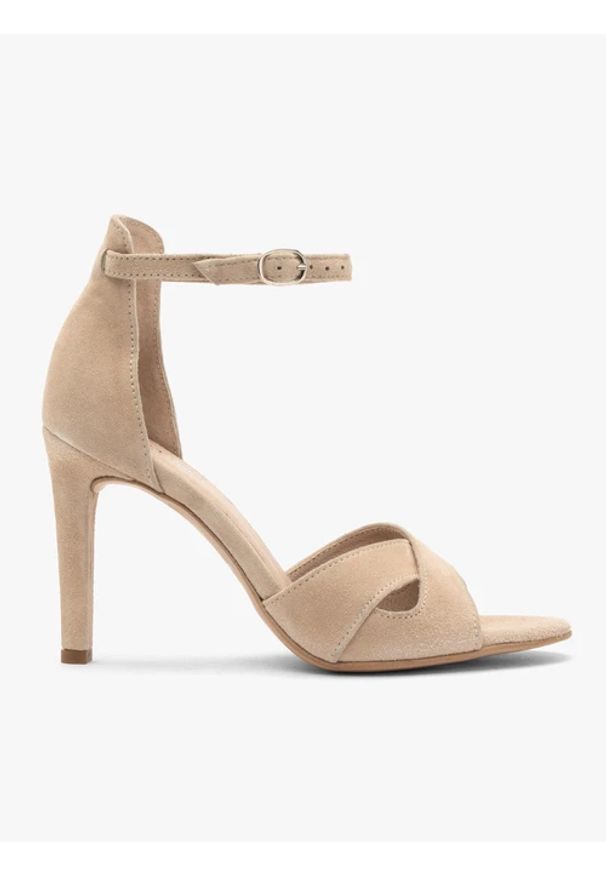 Ryłko - Beżowe sandały na wysokiej szpilce. Kolor: beżowy. Materiał: welur, skóra. Obcas: na obcasie. Styl: street. Wysokość obcasa: średni