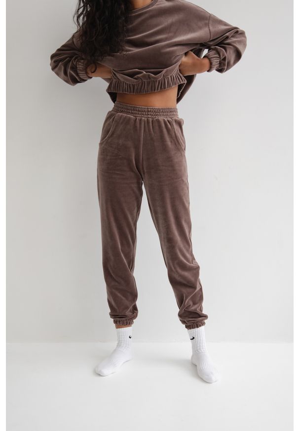 Marsala - Spodnie typu jogger wykonane z weluru w kolorze DEEP TAUPE - DISPLAY VELVET-XL. Stan: podwyższony. Kolor: brązowy. Materiał: welur. Styl: elegancki, klasyczny