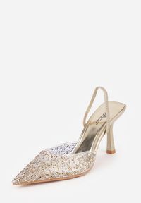 Renee - Złote Szpilki z Odkrytą Piętą i Transparentnym Noskiem z Cyrkoniami Kalinata. Okazja: na co dzień. Kolor: złoty. Materiał: jeans, koronka. Wzór: aplikacja. Obcas: na szpilce. Styl: casual, klasyczny, wizytowy #2