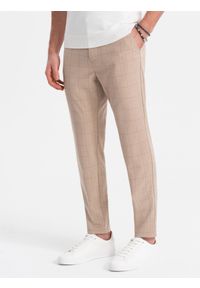 Ombre Clothing - Męskie spodnie o klasycznym kroju w delikatną kratę - piaskowe V2 OM-PACP-0187 - XXL. Materiał: wiskoza, poliester, materiał. Styl: klasyczny