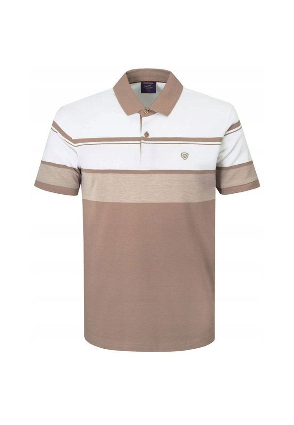 Koszulka Polo - Męska - Pako Jeans - Odcienie Beżów, Pasy. Okazja: na co dzień. Typ kołnierza: polo. Kolor: wielokolorowy, beżowy, brązowy. Materiał: bawełna. Wzór: paski, prążki. Styl: casual