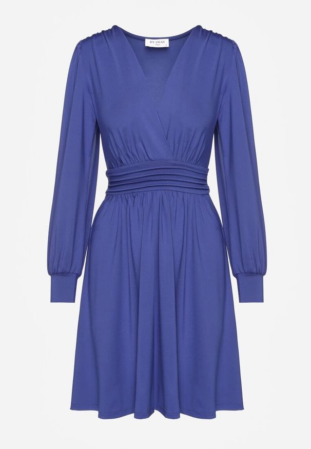 Renee - Niebieska Sukienka z Wiskozą o Rozkloszowanym Kroju Selaitea. Okazja: na randkę. Typ kołnierza: dekolt w serek. Kolor: niebieski. Materiał: wiskoza. Styl: elegancki