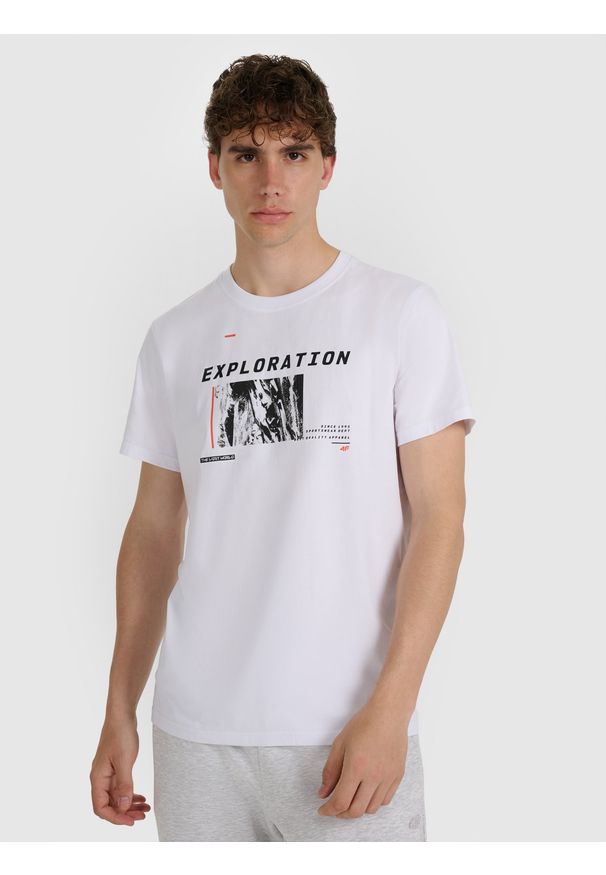 4f - 4F T-shirt regular z nadrukiem męski - biały XL. Okazja: na co dzień. Kolor: biały. Materiał: materiał, bawełna. Wzór: nadruk. Styl: casual