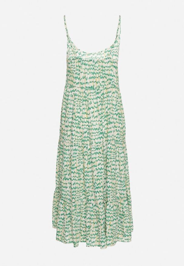 Born2be - Zielona Wiskozowa Sukienka z Cienkimi Ramiączkami Ozdobiona Guzikami i Falbanką Vikini. Typ kołnierza: dekolt w kształcie V. Kolor: zielony. Materiał: wiskoza. Długość rękawa: na ramiączkach. Wzór: aplikacja. Styl: klasyczny