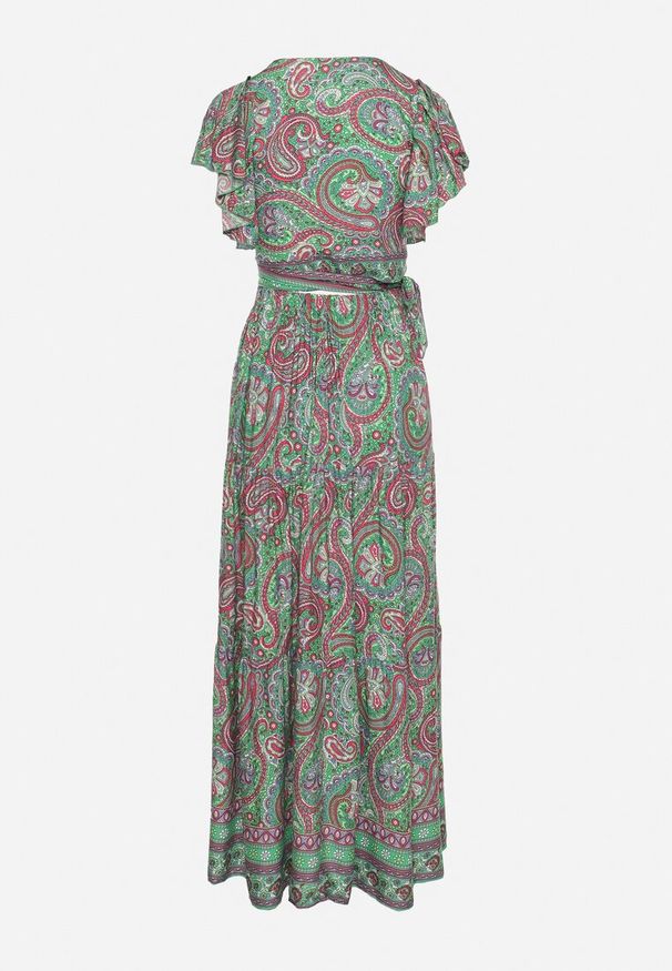 Born2be - Zielony Komplet 2-Częściowy we Wzór Paisley z Wiskozy Spódnica Maxi i Kopertowa Góra Wabila. Kolor: zielony. Materiał: wiskoza. Wzór: paisley