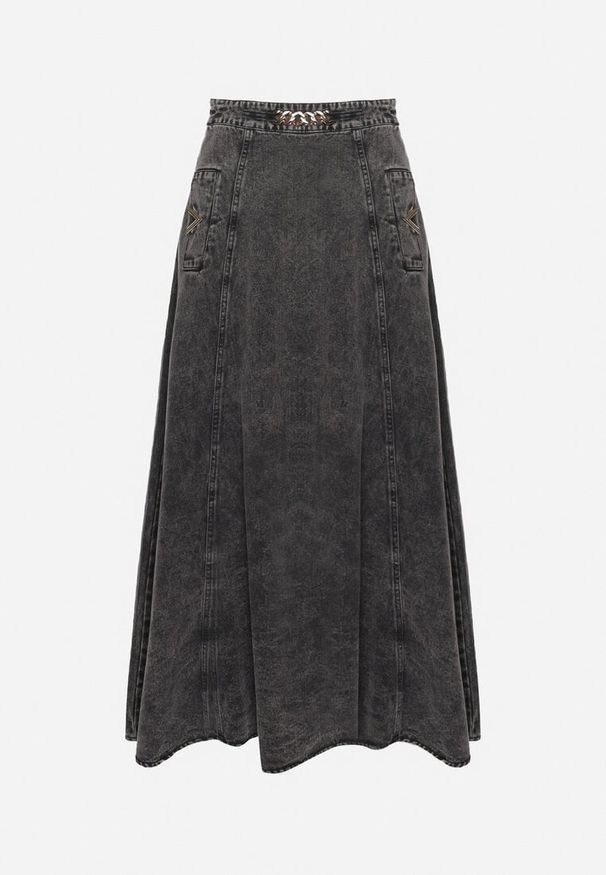 Born2be - Czarna Bawełniana Spódnica Jeansowa Maxi Rozkloszowana z Łańcuszkiem Zallire. Kolor: czarny. Materiał: jeans, bawełna. Styl: boho