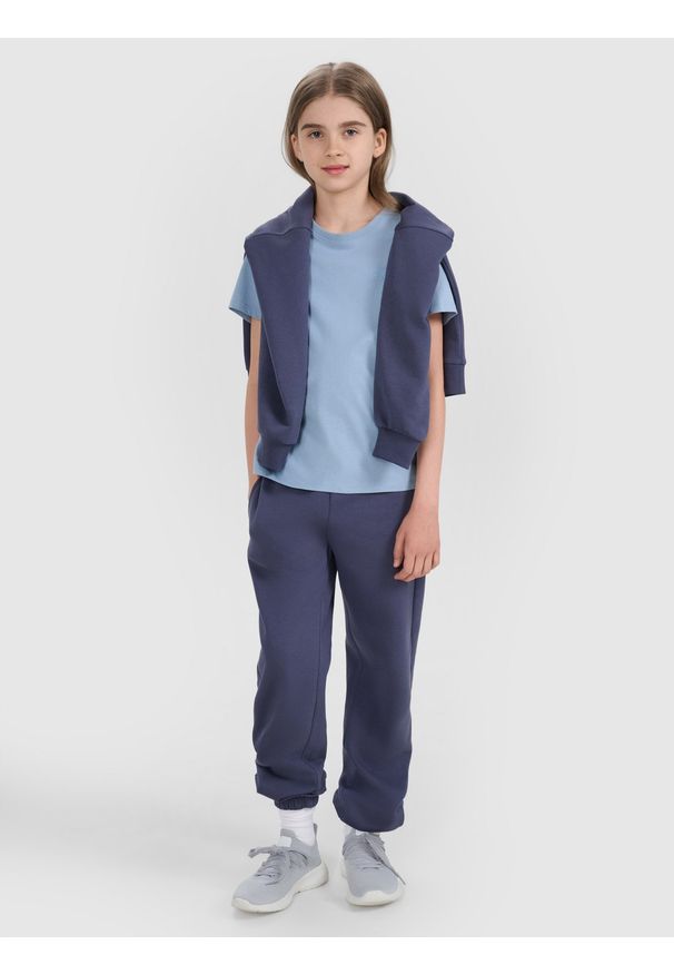 4f - 4F T-shirt regular gładki dziewczęcy - niebieski 122 (6-7 lat). Okazja: na co dzień. Kolor: niebieski. Materiał: bawełna, materiał, jersey. Długość rękawa: krótki rękaw. Długość: krótkie. Wzór: gładki. Sezon: lato. Styl: młodzieżowy, klasyczny, casual, sportowy