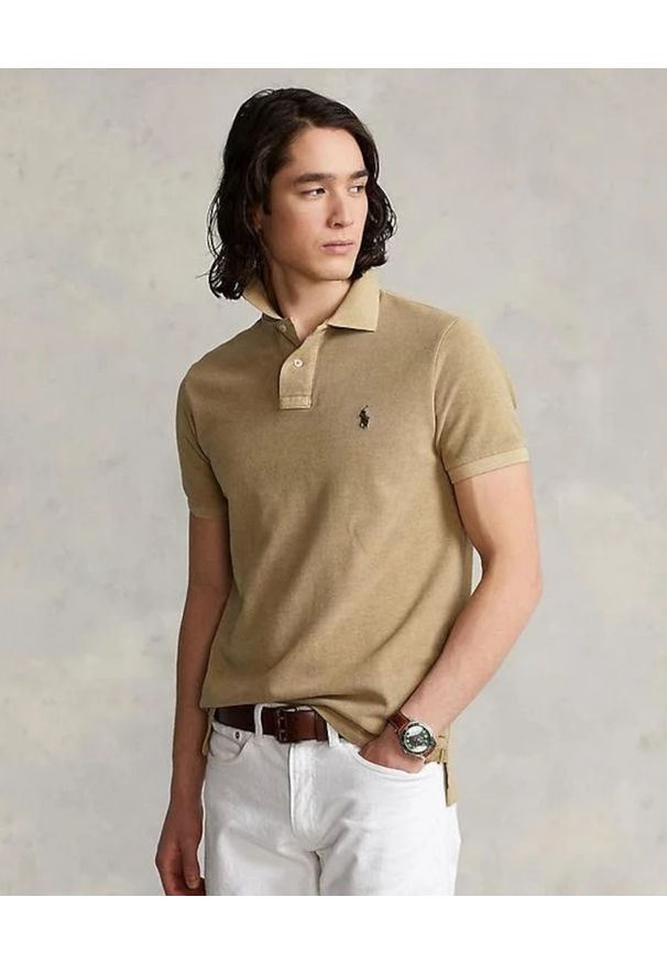 Ralph Lauren - RALPH LAUREN - Beżowa koszula polo z haftowanym logo. Typ kołnierza: polo. Kolor: beżowy. Materiał: bawełna. Wzór: haft