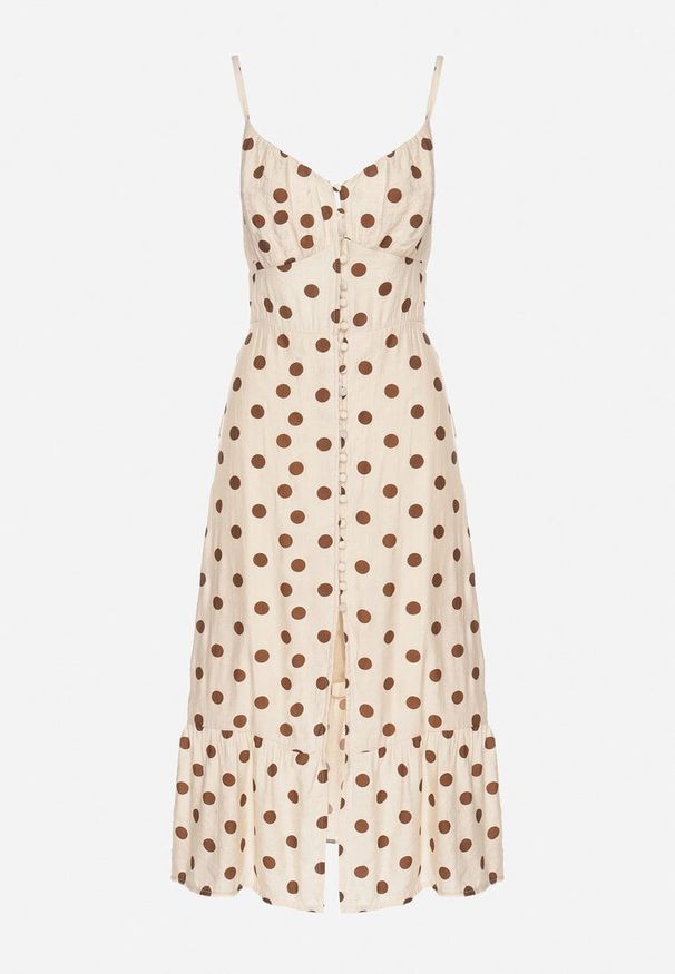 Born2be - Beżowa Wiskozowa Sukienka w Kropki na Ramiączkach Zapinana na Guziki Katilane. Okazja: na co dzień. Typ kołnierza: dekolt w serek. Kolor: beżowy. Materiał: wiskoza. Długość rękawa: na ramiączkach. Wzór: kropki. Sezon: wiosna, lato. Styl: casual, elegancki, klasyczny