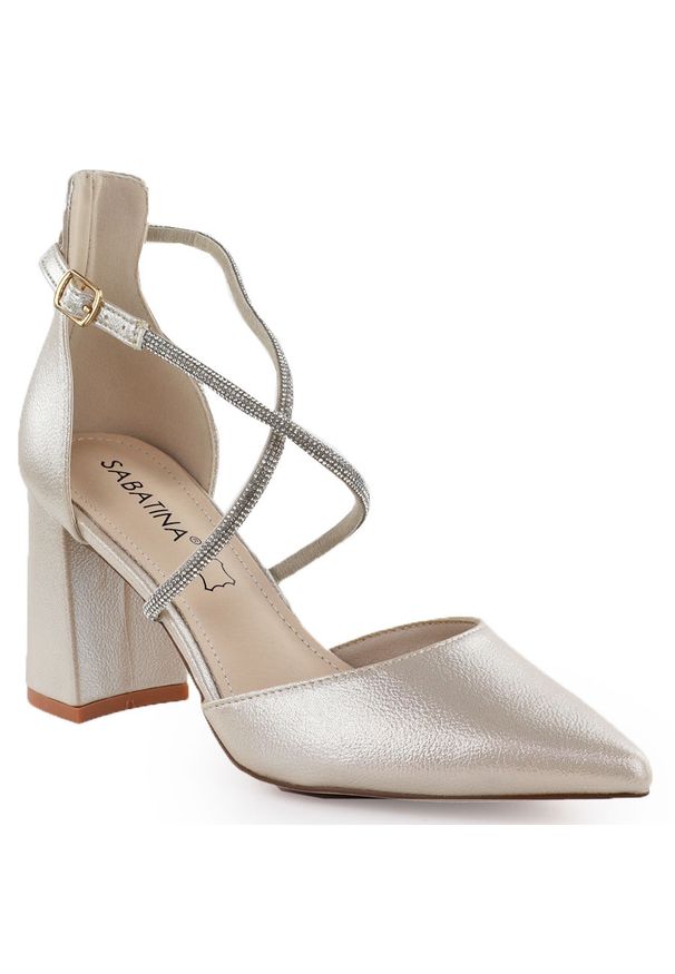 Sandały damskie na słupku z cyrkoniami złote Sabatina 750-1. Kolor: złoty. Materiał: skóra ekologiczna. Obcas: na słupku