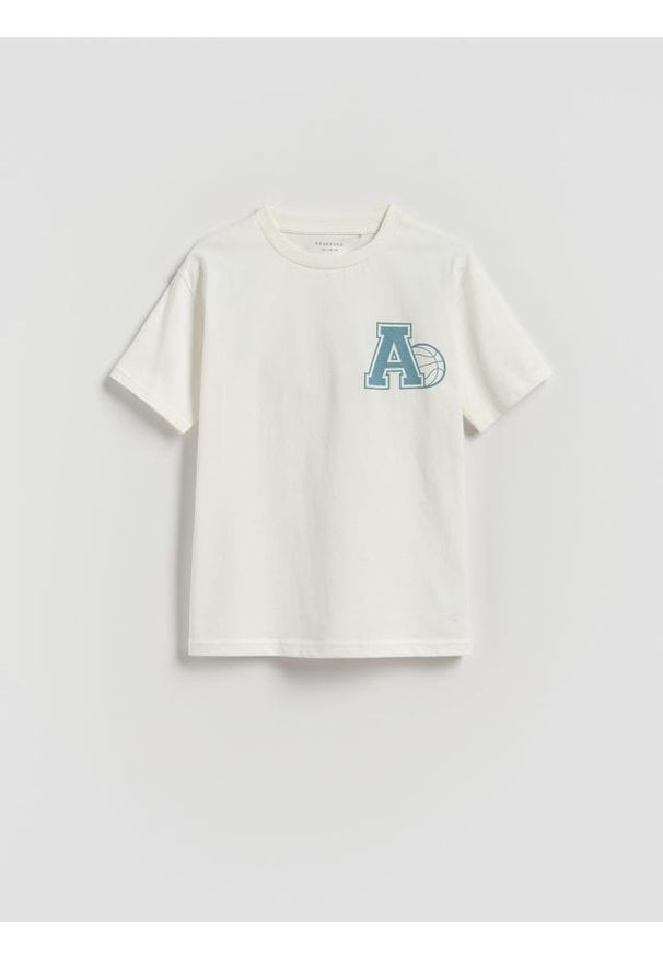 Reserved - Bawełniany t-shirt z nadrukiem - złamana biel. Materiał: bawełna. Wzór: nadruk