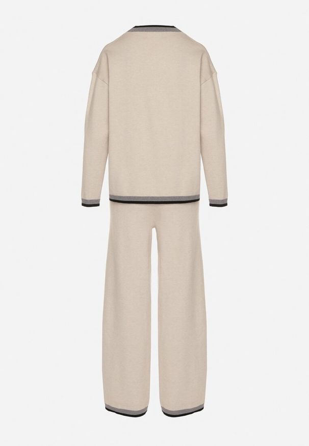 Born2be - Jasnobeżowy Dzianinowy Komplet z Ozdobną Lamówką Sweter i Szerokie Spodnie Ralenae. Kolor: beżowy. Materiał: dzianina