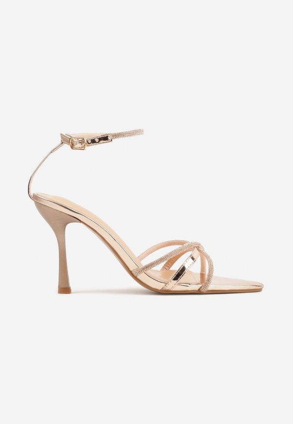 Renee - Szampańskie Eleganckie Sandały VICES na Szpilce Barena. Nosek buta: szpiczasty. Zapięcie: pasek. Kolor: złoty. Wzór: aplikacja. Obcas: na szpilce. Styl: elegancki