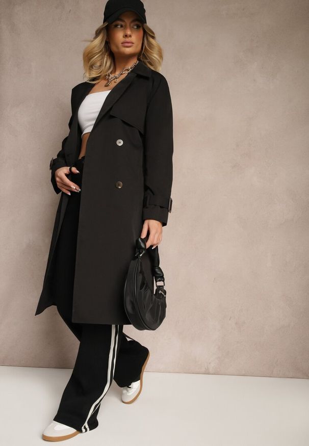 Renee - Czarny Dwurzędowy Płaszcz Trencz z Paskiem Ninnolia. Okazja: na spacer, do pracy. Kolor: czarny. Materiał: jeans. Wzór: aplikacja. Styl: elegancki, klasyczny