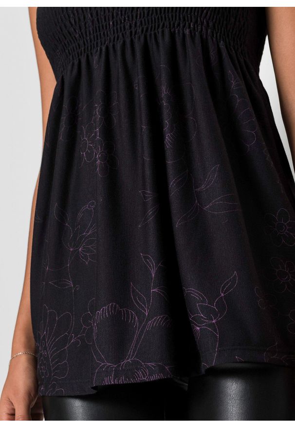 bonprix - Top tunikowy z mieszanki wiskozy. Kolor: czarny. Materiał: wiskoza. Długość rękawa: na ramiączkach. Sezon: lato