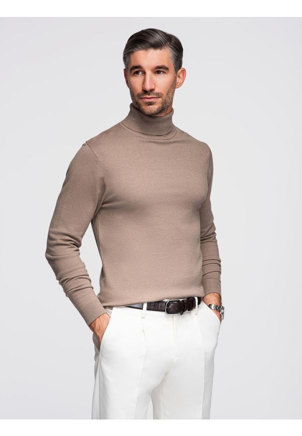 Ombre Clothing - Męski dzianinowy golf z wiskozą – ciemnobeżowy melanż V3 - Rozmiar: L. Typ kołnierza: golf. Kolor: beżowy. Materiał: dzianina, wiskoza. Wzór: melanż. Styl: klasyczny, elegancki